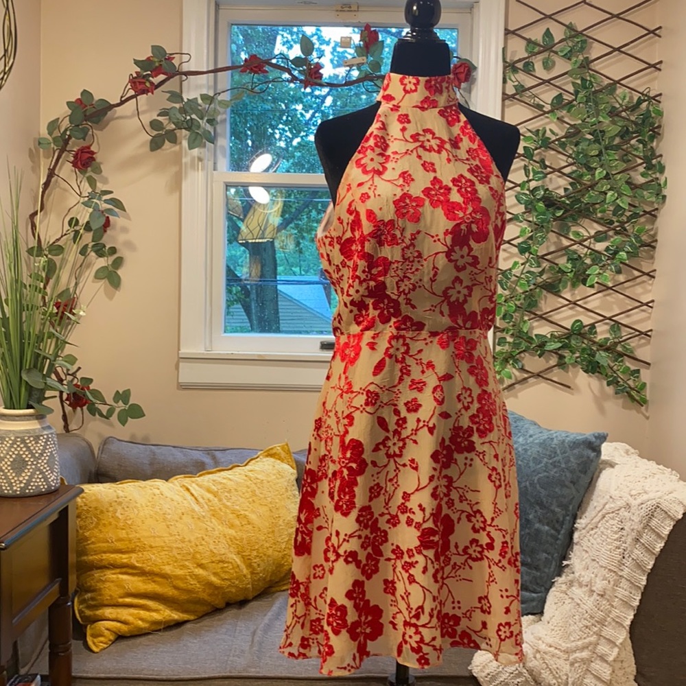 Red and beige floral halter dress